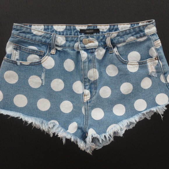 Forever 21 Pants - F21 Polka Dot Distressed Mid Rise Jean Shorts Fray Hem